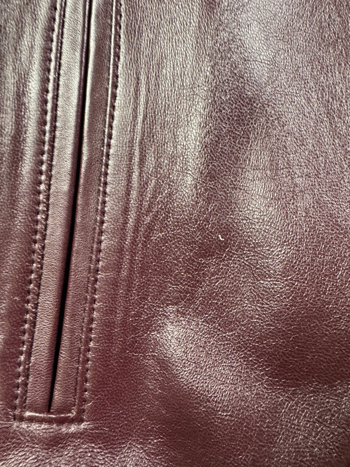 Burgundy Leather Bomber Jacket - L - Think Vintage Online Ltd