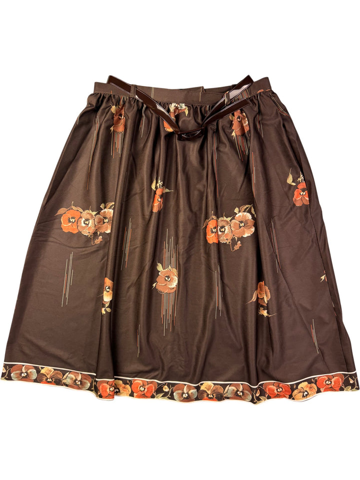 C&A Brown Floral Polyester Skirt - M - Think Vintage ltd