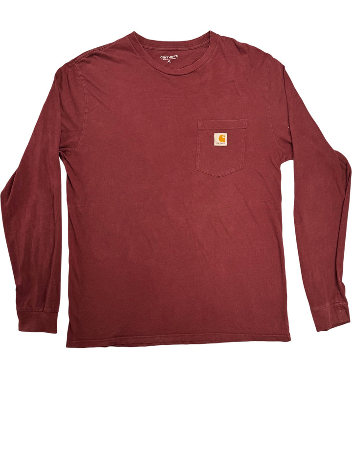 Carhartt Long Sleeve Pocket T-Shirt Maroon - XL - Think Vintage Online Ltd