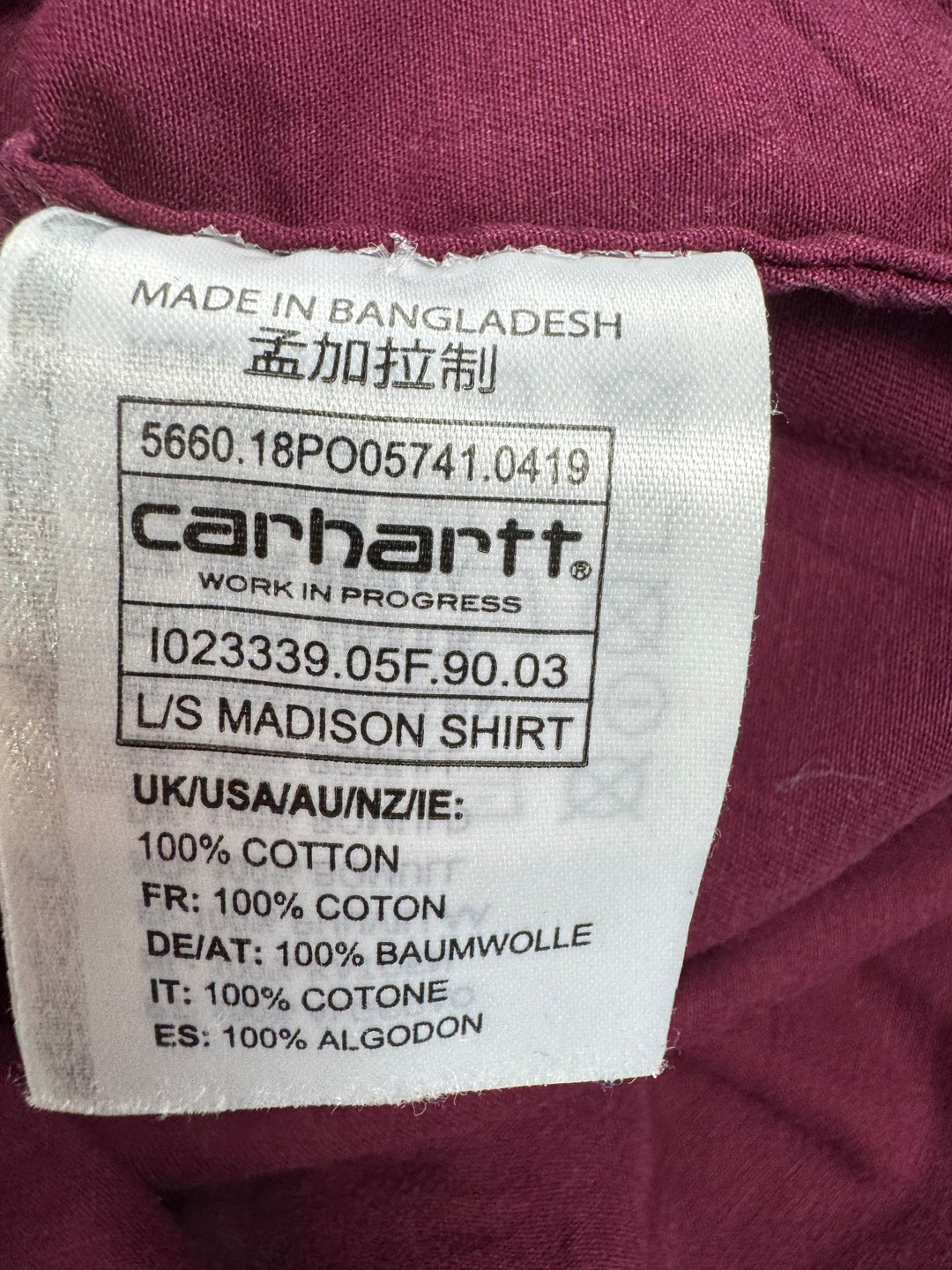 Carhartt Long Sleeved Maroon Shirt - XS - Think Vintage Online Ltd