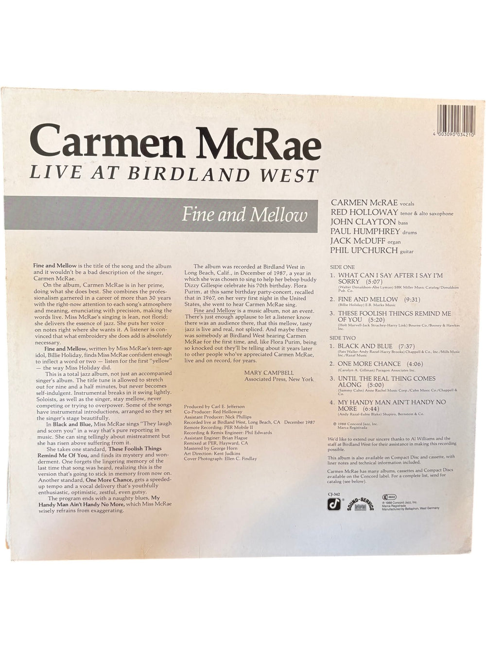 Carmen McRae Live At Birdland West Vinyl - Fair - Think Vintage ltd
