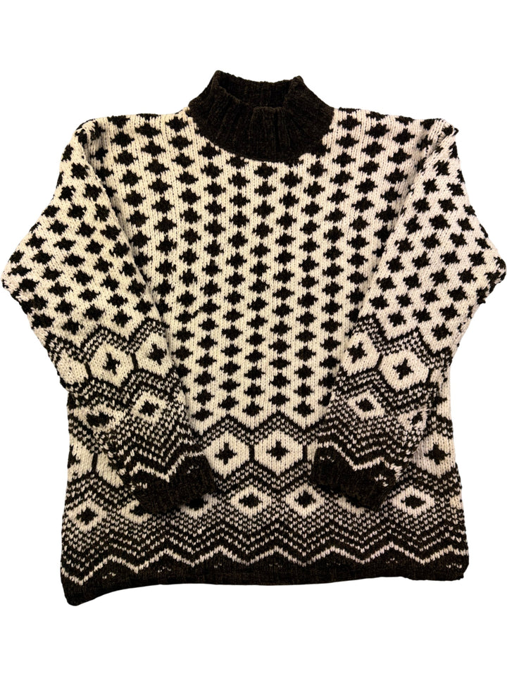 Carolyn Taylor Black and White Patterned Sweater - XL - Think Vintage Online Ltd