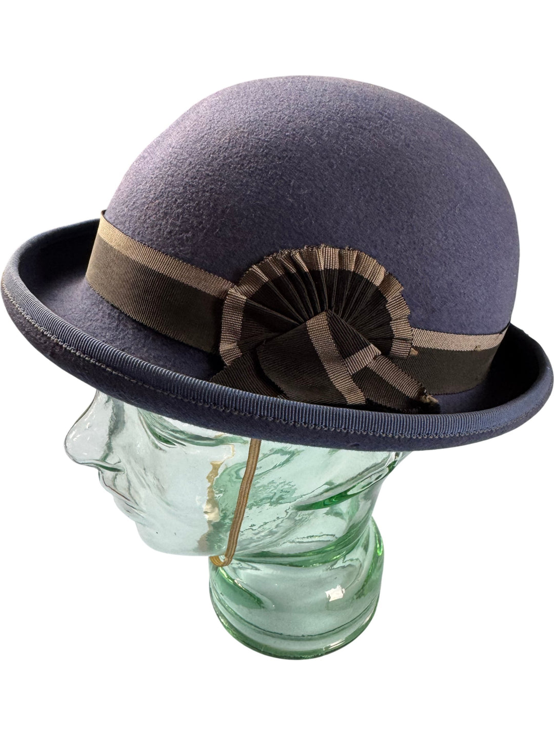 Classic Blue Wool Bowler Hat with Ribbon Detail - Think Vintage Online Ltd