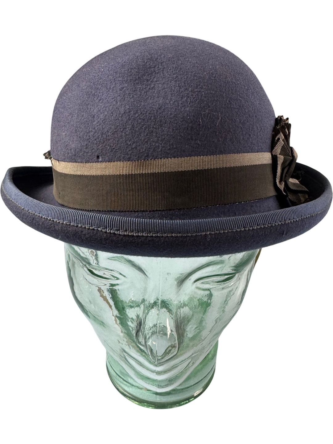 Classic Blue Wool Bowler Hat with Ribbon Detail - Think Vintage Online Ltd