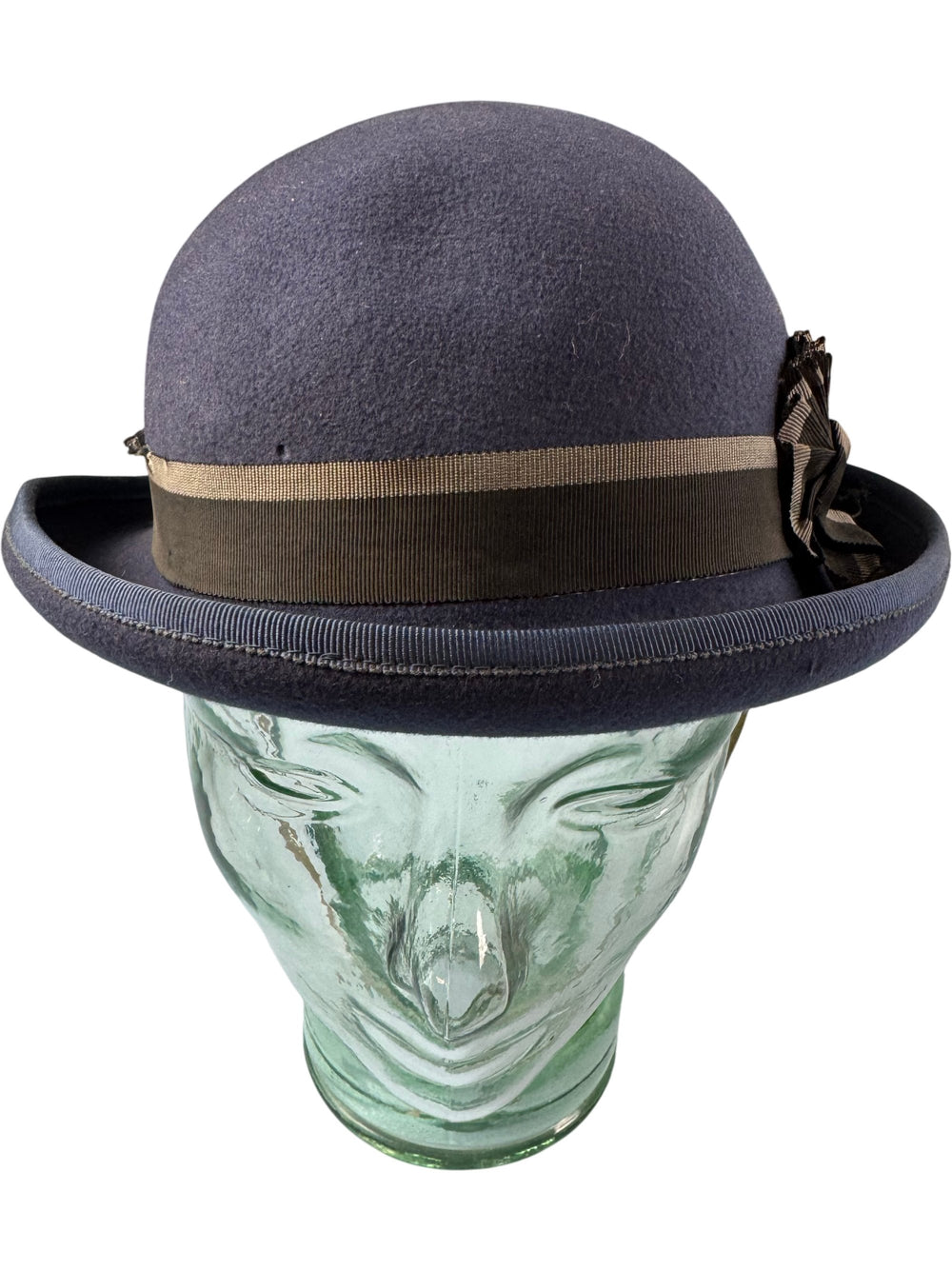 Classic Blue Wool Bowler Hat with Ribbon Detail - Think Vintage ltd