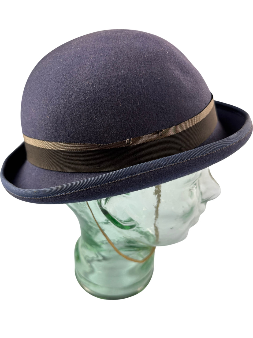 Classic Blue Wool Bowler Hat with Ribbon Detail - Think Vintage ltd
