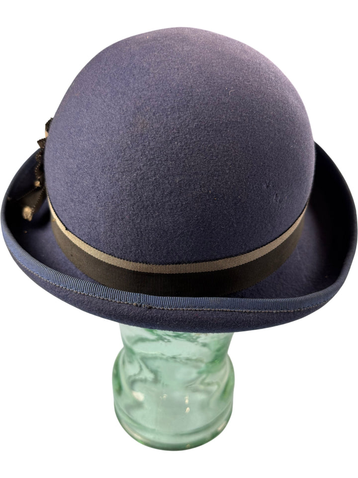 Classic Blue Wool Bowler Hat with Ribbon Detail - Think Vintage ltd