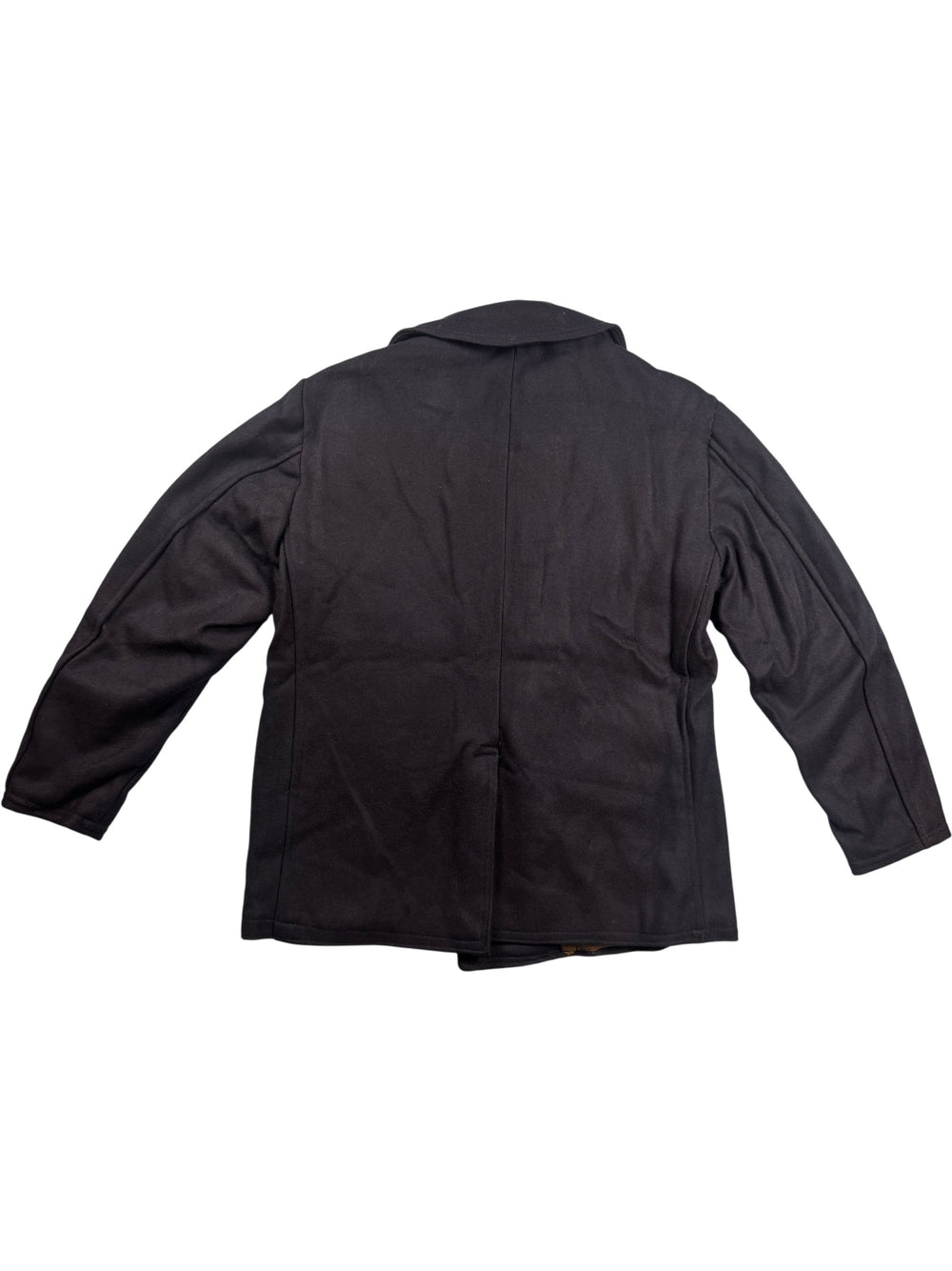 Classic Double-Breasted Black Pea Coat with Crest Buttons - L - Think Vintage Online Ltd