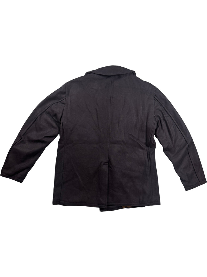 Classic Double-Breasted Black Pea Coat with Crest Buttons - L - Think Vintage Online Ltd