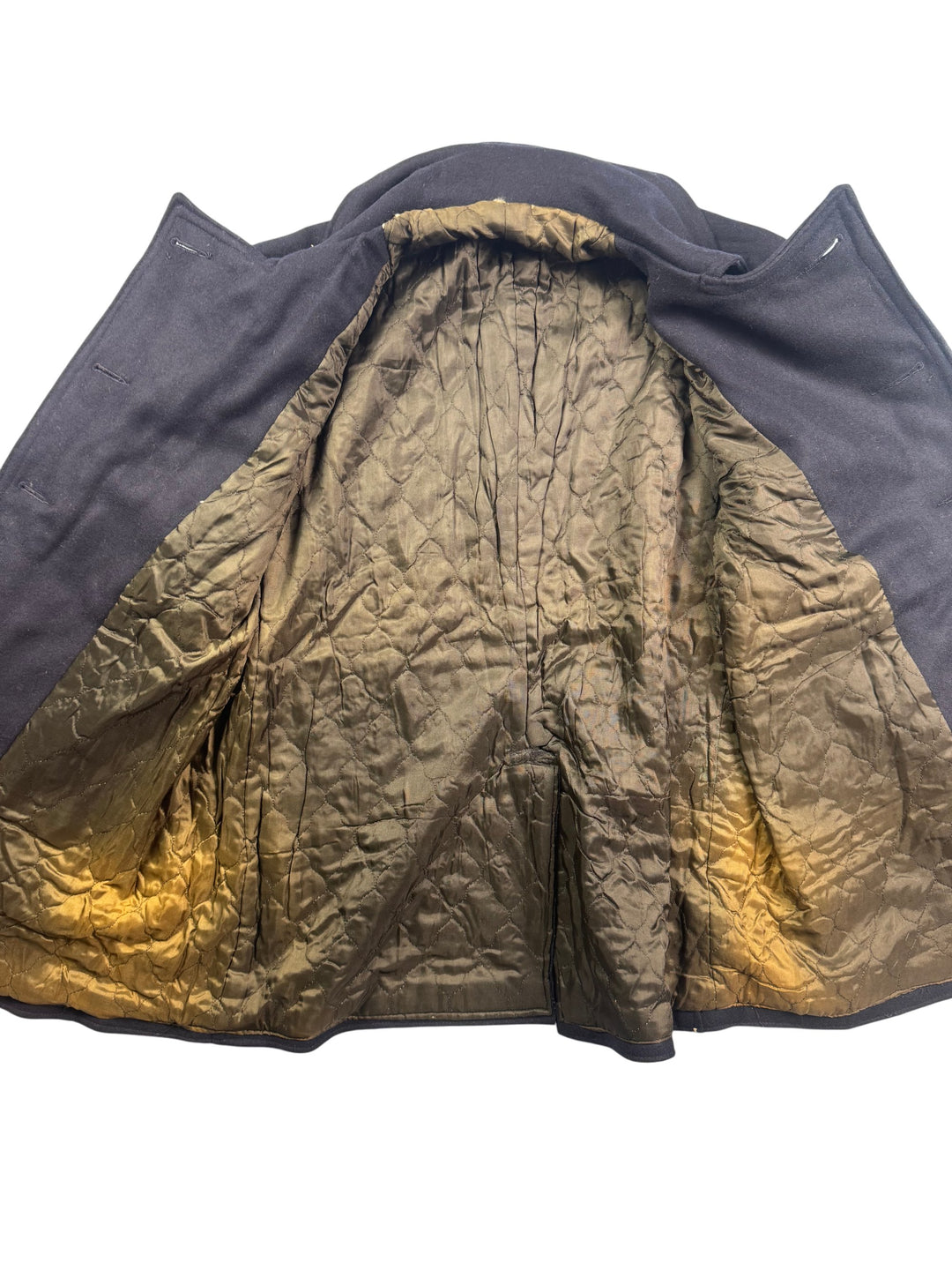 Classic Double-Breasted Black Pea Coat with Crest Buttons - L - Think Vintage Online Ltd