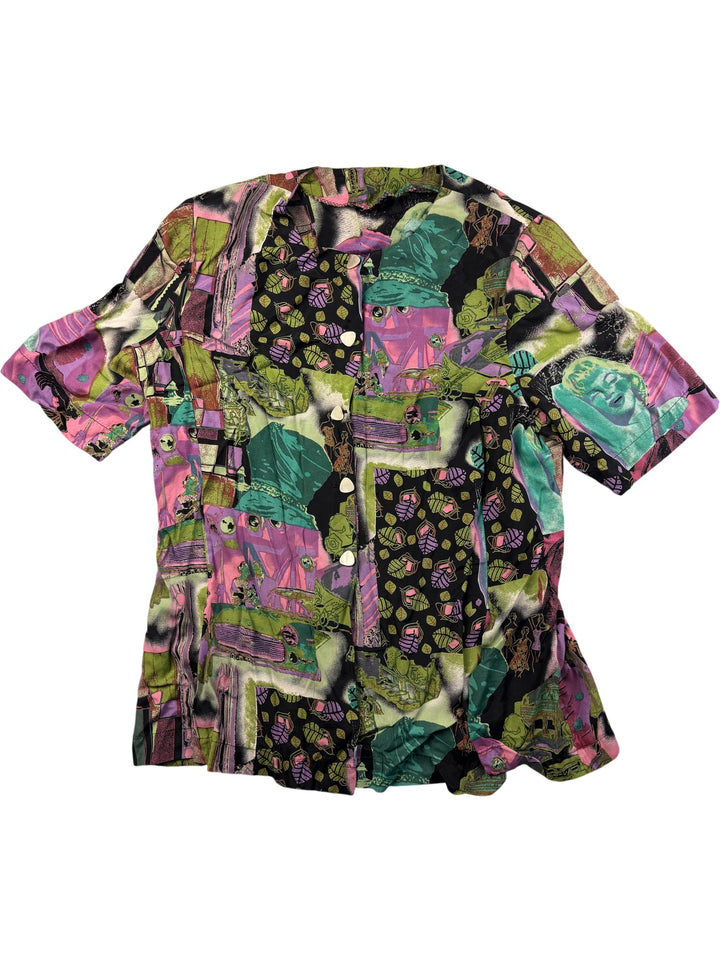 Colourful Collage Pattern Short Sleeved Shirt - L - Think Vintage ltd