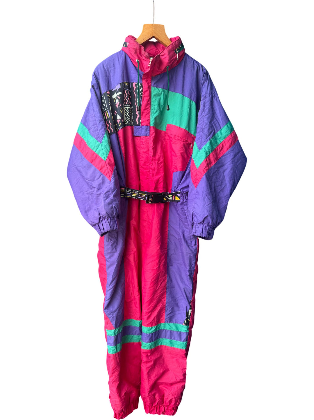 Colourful Hooded Ski Suit - L - Think Vintage ltd