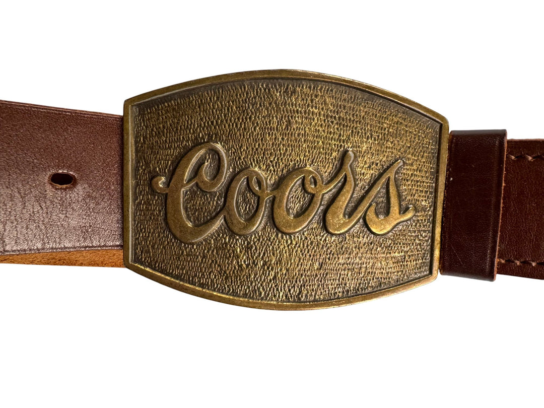 Coors Brass Belt Buckle With Brown Leather Strap - Think Vintage