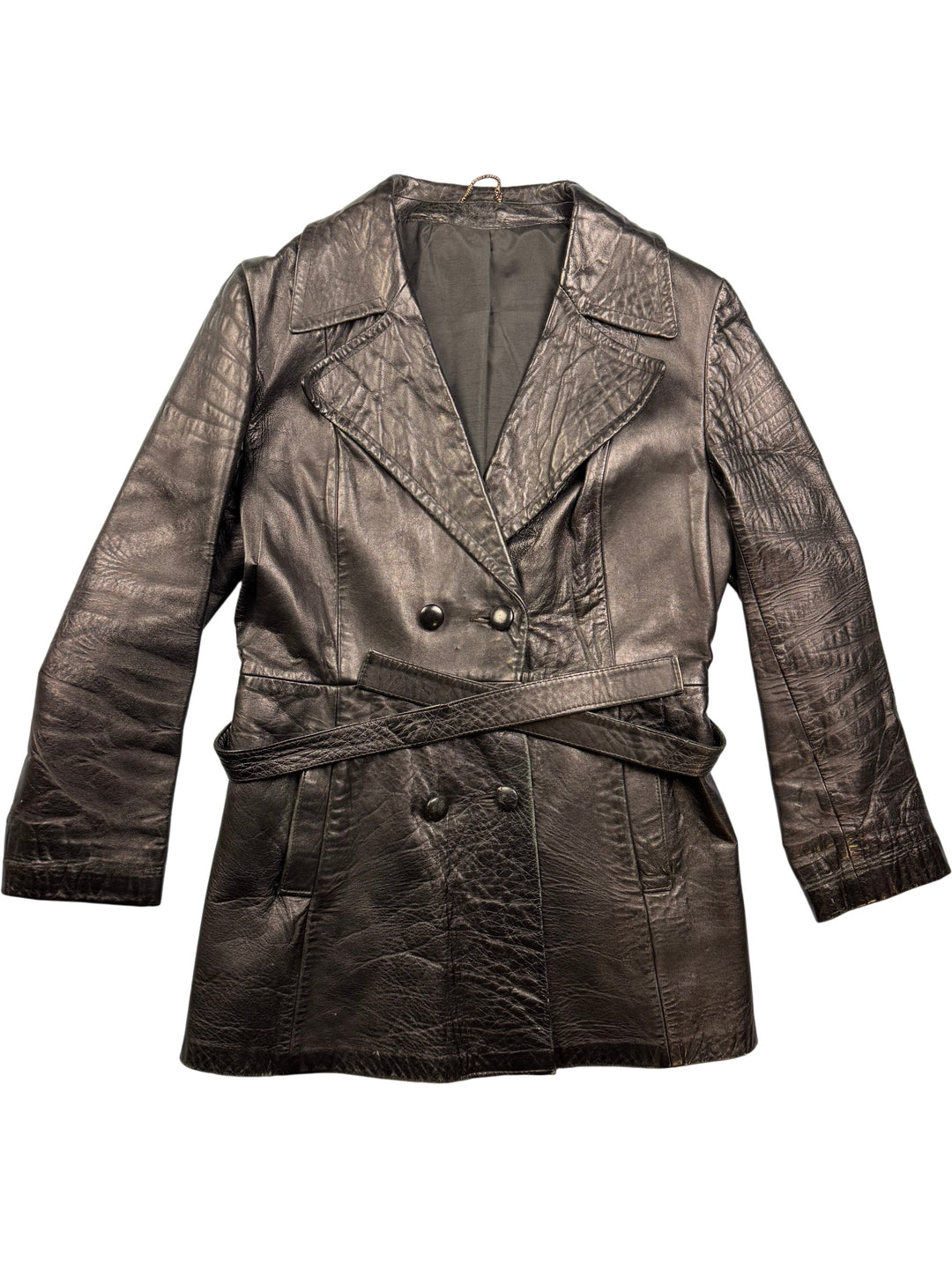 County Black Leather Trench Coat - M - Think Vintage