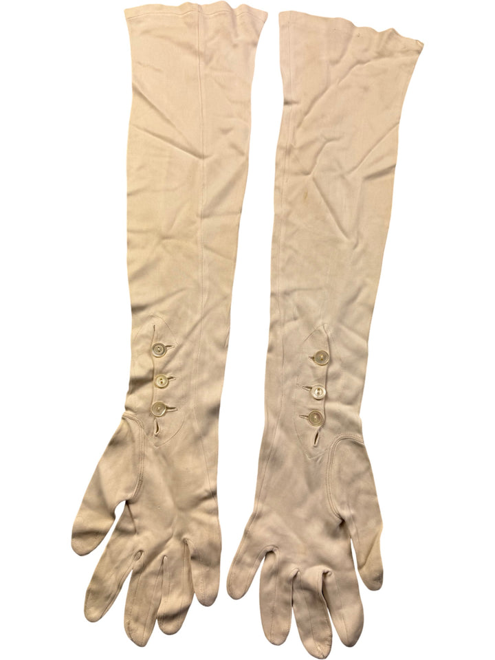 Cream Long Evening Gloves With Button Closure - Think Vintage Online Ltd