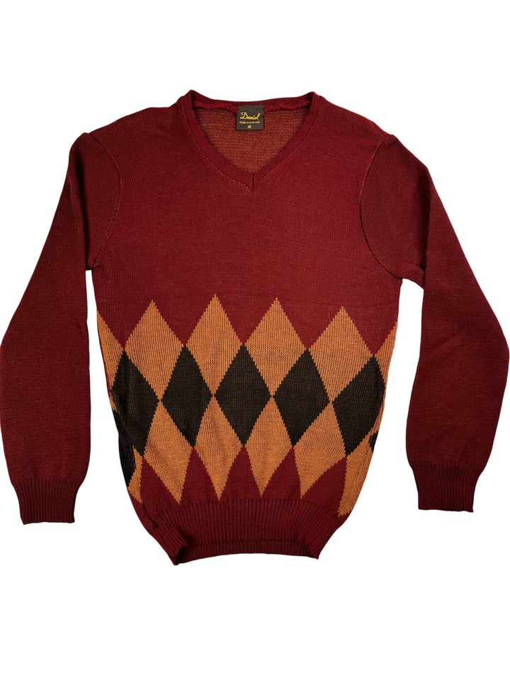 Daniel Argyle Pattern V-Neck Sweater - S - Think Vintage ltd