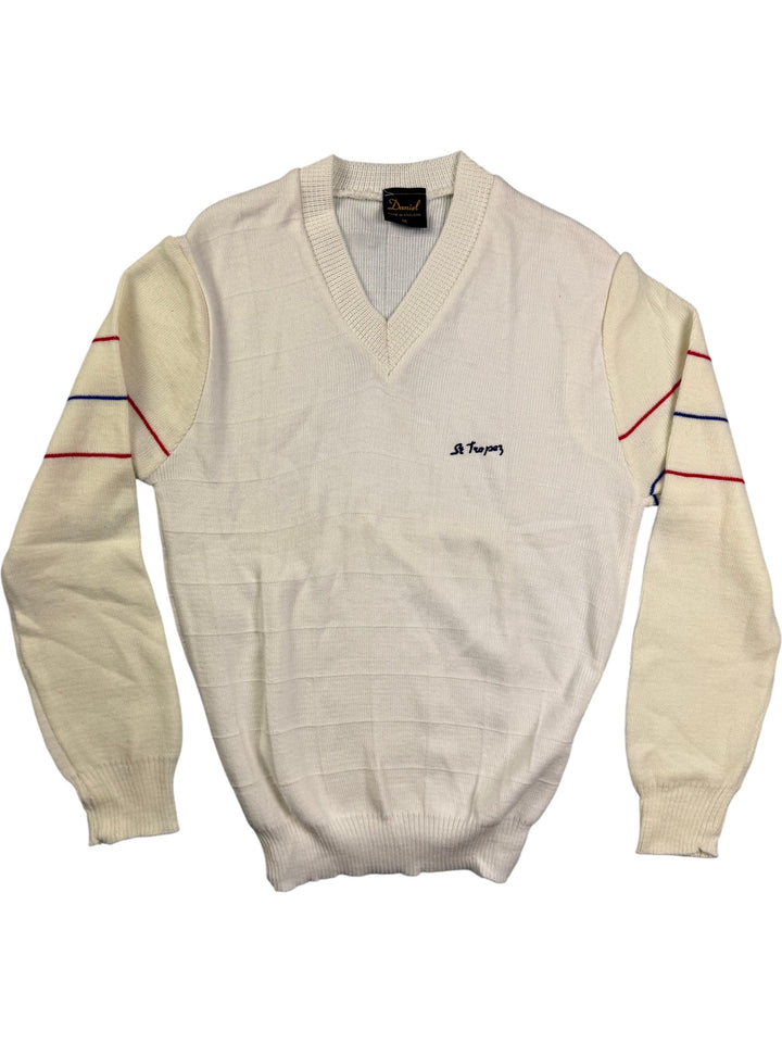 Daniel St Tropez White V-Neck Sweater - M - Think Vintage Online Ltd