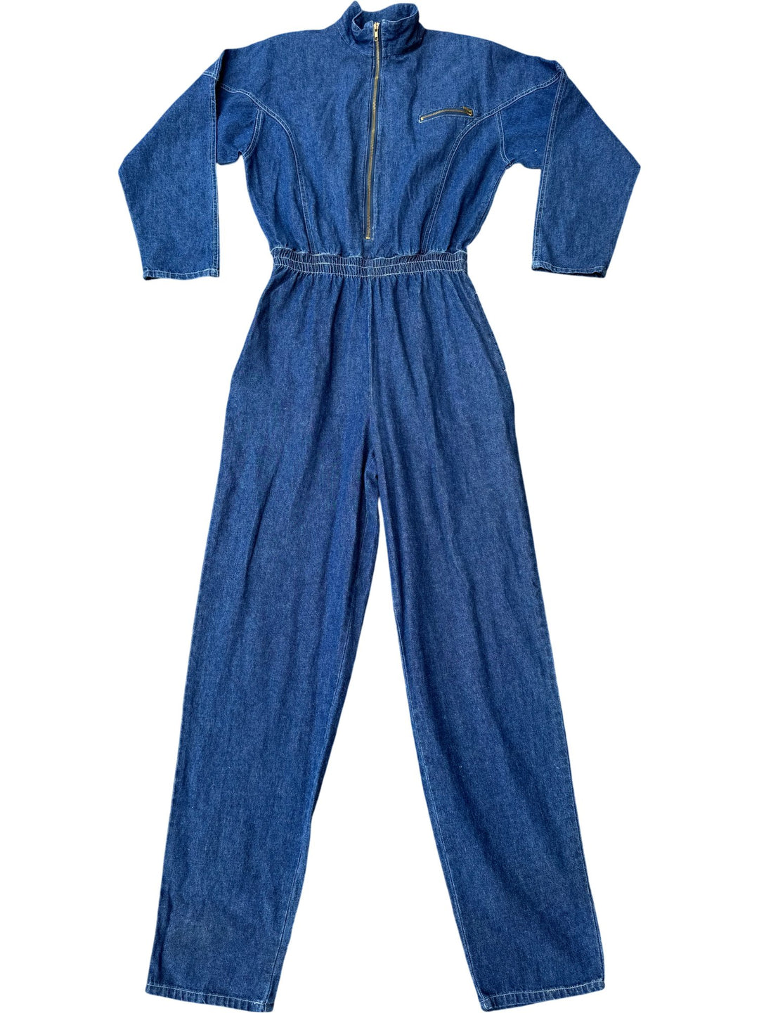 Denim Jumpsuit with High Collar and Zip Front - W30-34 - Think Vintage ltd