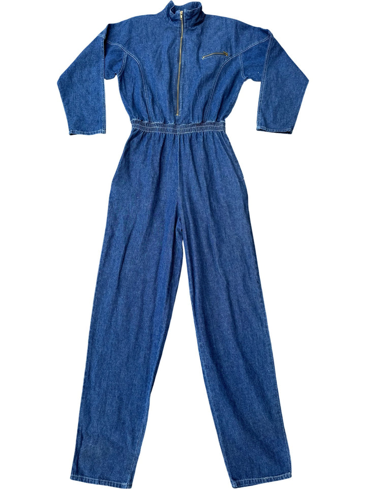 Denim Jumpsuit with High Collar and Zip Front - W30-34 - Think Vintage ltd