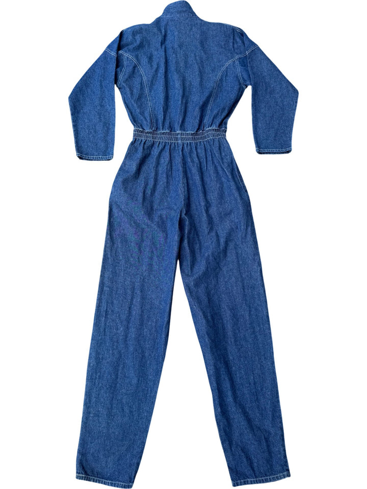 Denim Jumpsuit with High Collar and Zip Front - W30-34 - Think Vintage ltd