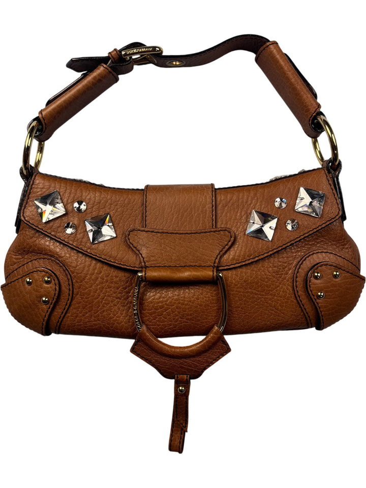 Dolce & Gabbana Brown Leather Embellished Handbag - Think Vintage ltd