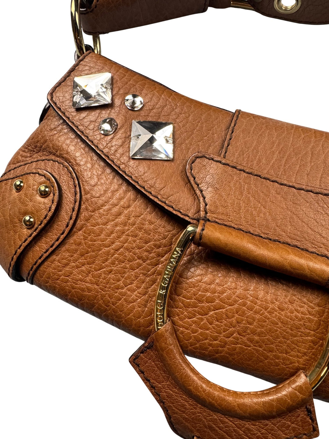 Dolce & Gabbana Brown Leather Embellished Handbag - Think Vintage ltd