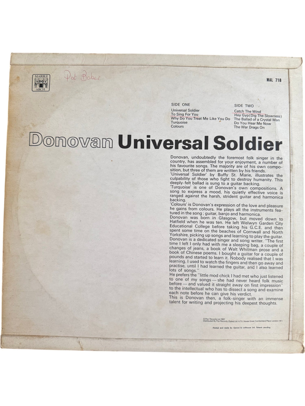 Donovan Universal Soldier Vinyl Record - Good - Think Vintage ltd