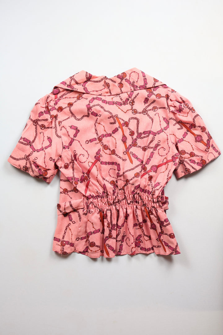 1970s Pink Belt Patterned Short Sleeved Blouse