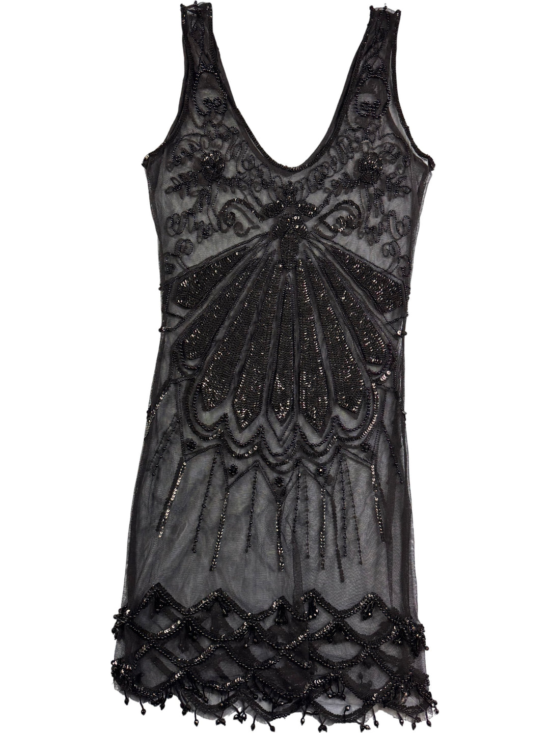Elegant Black Beaded Sleeveless Dress - S - Think Vintage