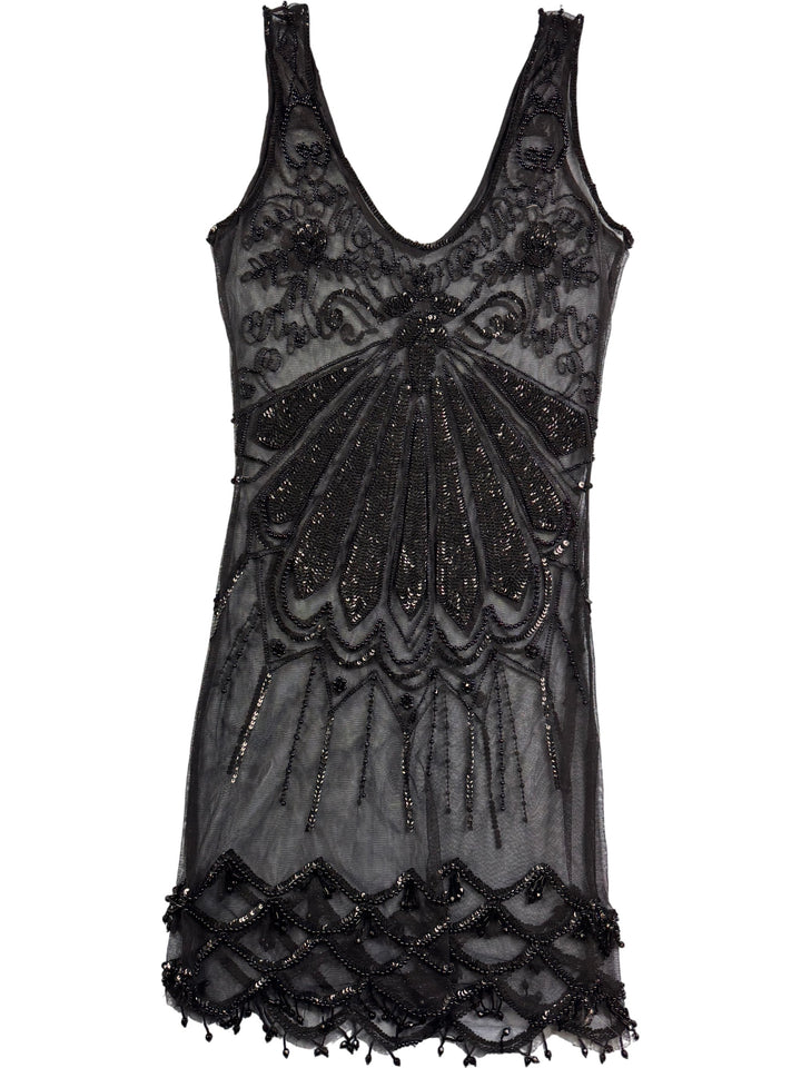 Elegant Black Beaded Sleeveless Dress - S - Think Vintage