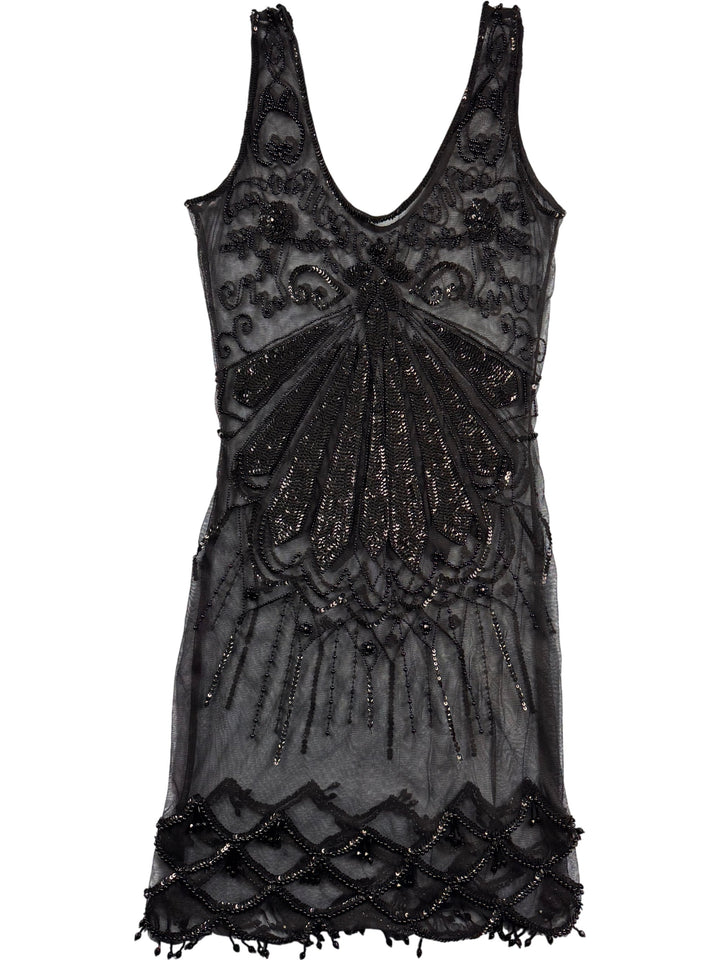 Elegant Black Beaded Sleeveless Dress - S - Think Vintage