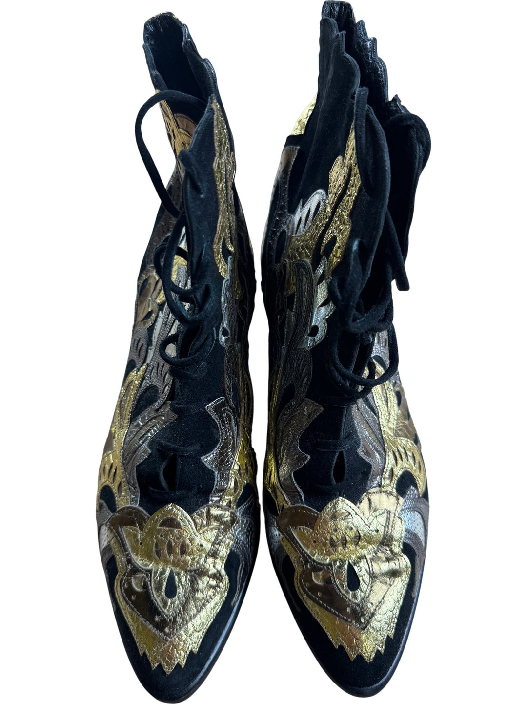 Embellished Black and Gold Lace-Up Boots - 8.5 - Think Vintage ltd