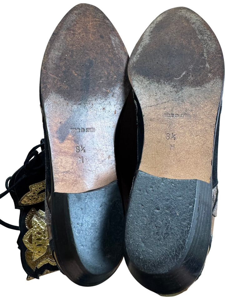 Embellished Black and Gold Lace-Up Boots - 8.5 - Think Vintage ltd