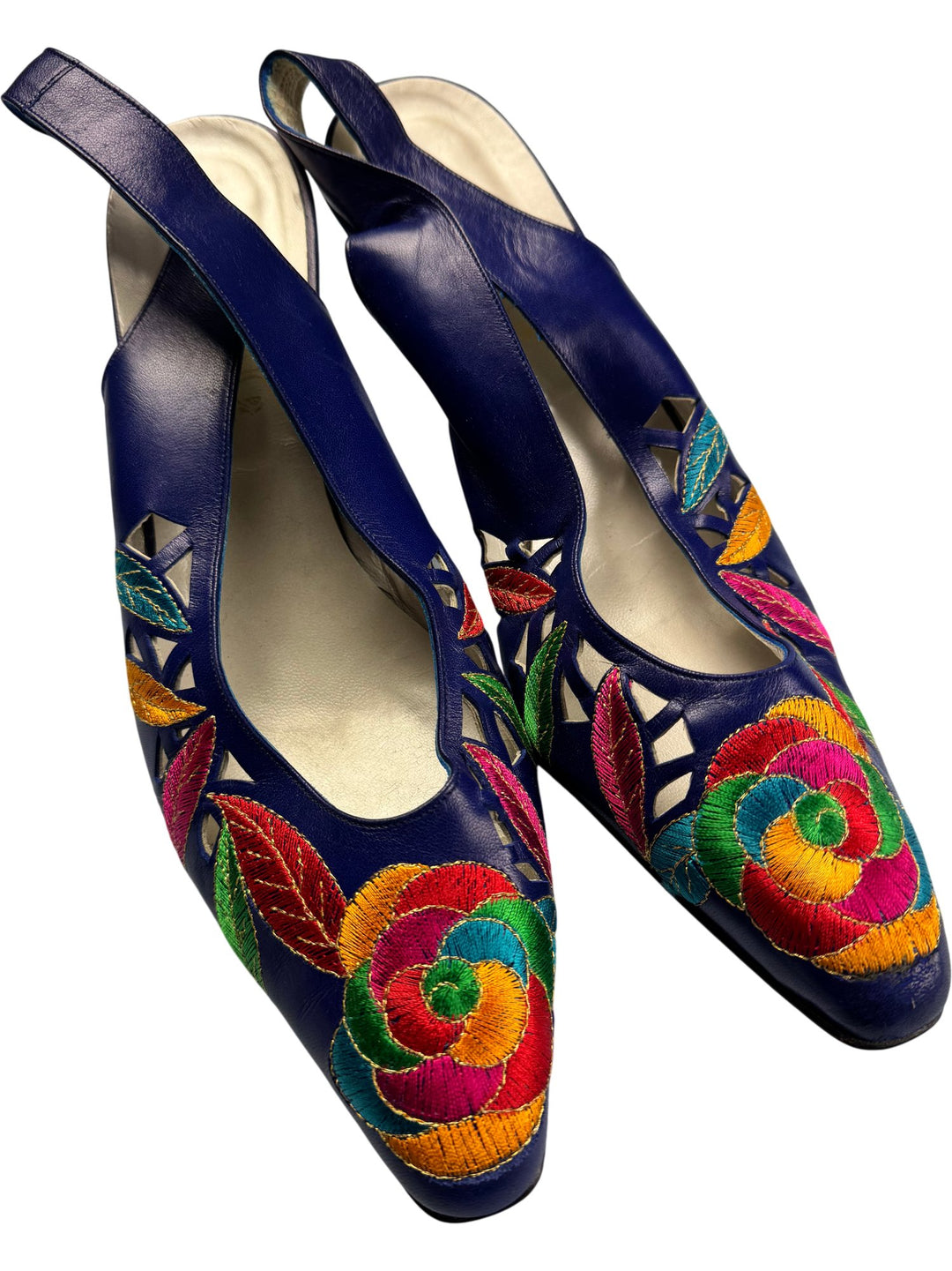 Embroidered Leather Slingback Heels - 7.5 - Think Vintage ltd