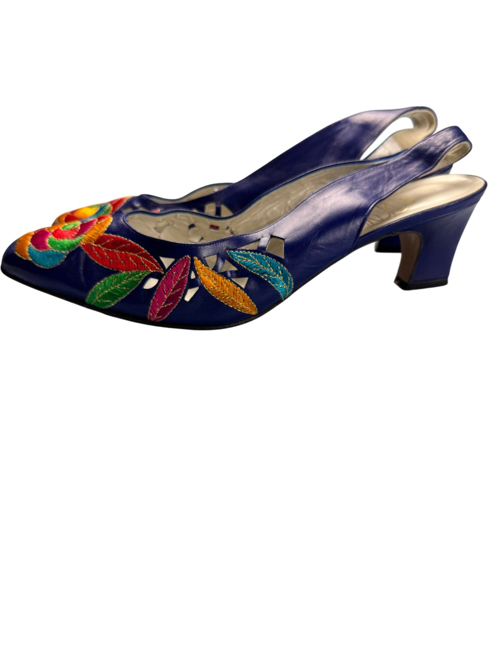 Embroidered Leather Slingback Heels - 7.5 - Think Vintage ltd