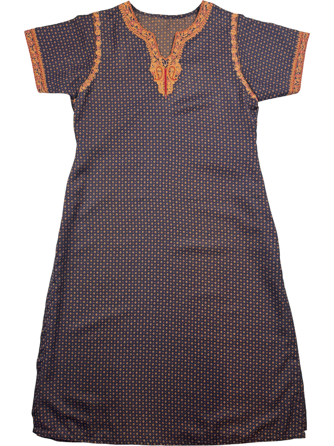 Embroidered Short Sleeve Patterned Dress - L - Think Vintage
