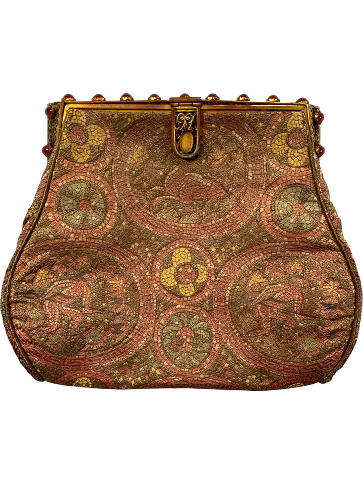 Embroidered Trapezoid Bag with Gold Frame - Think Vintage