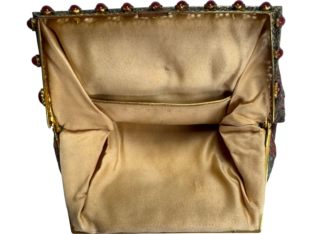 Embroidered Trapezoid Bag with Gold Frame - Think Vintage