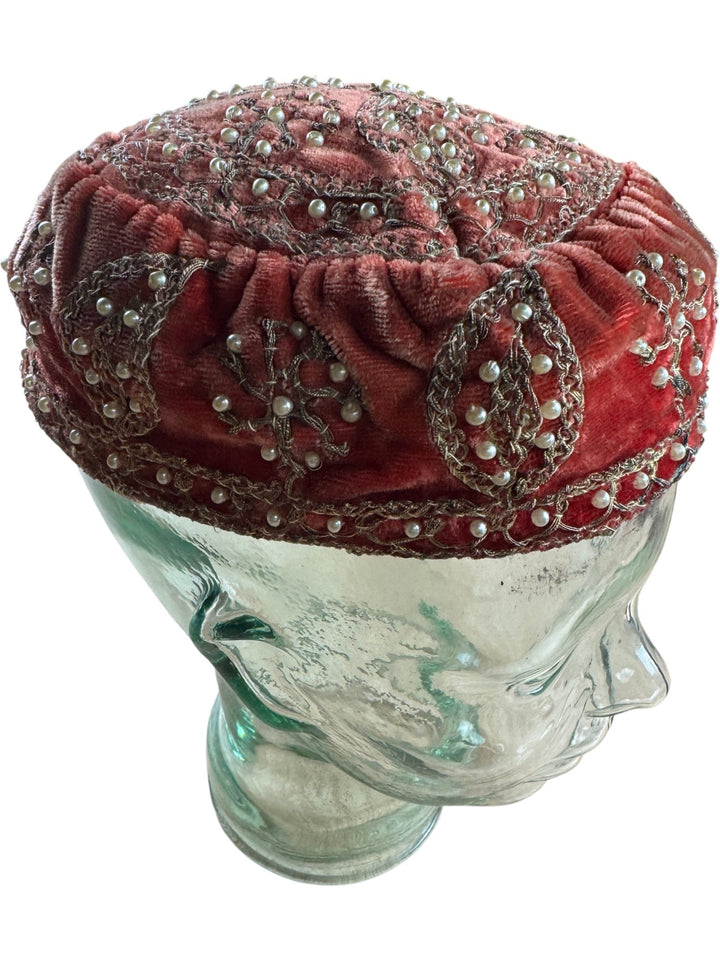 Embroidered Velvet Cap with Pearls