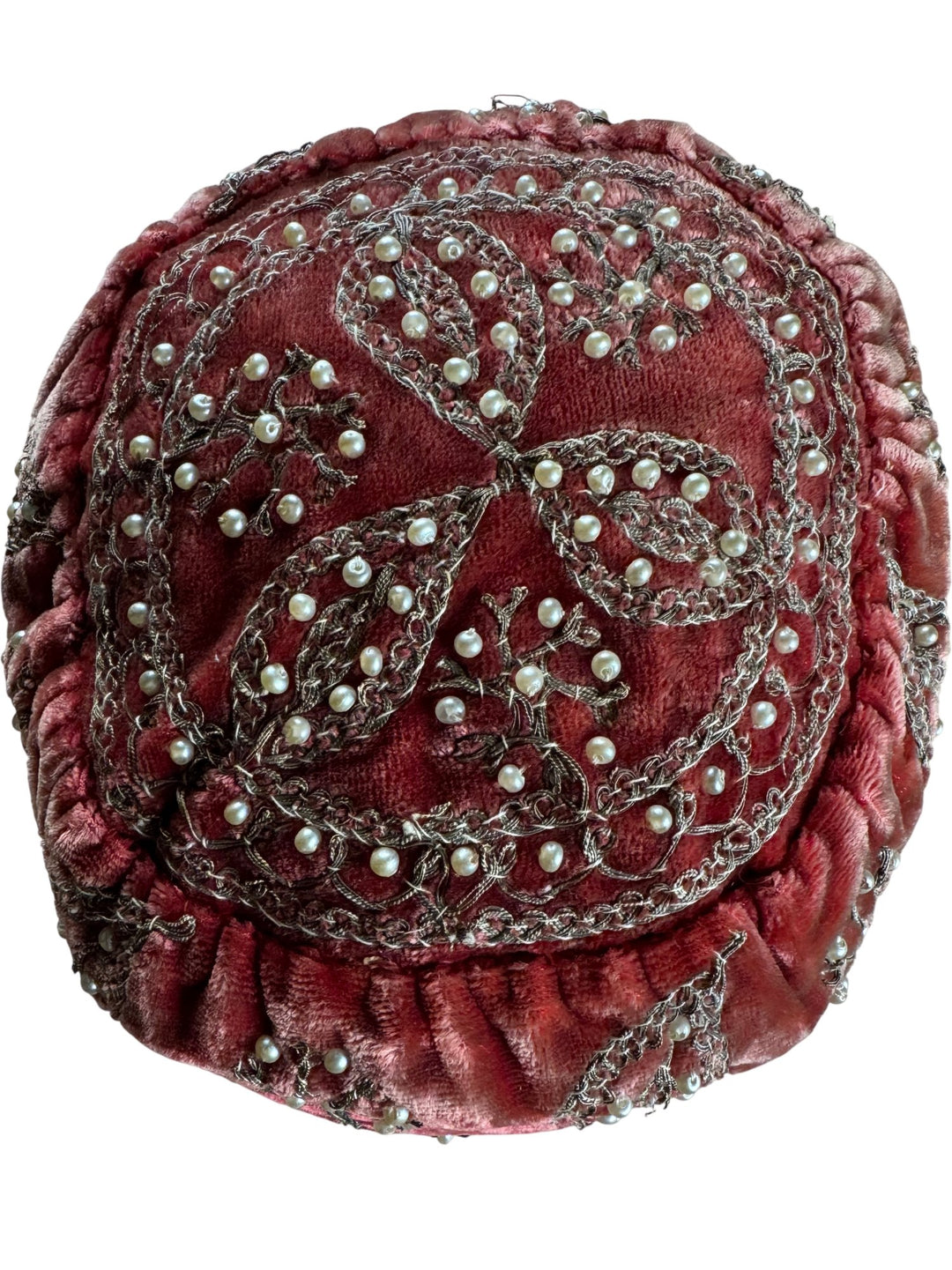 Embroidered Velvet Cap with Pearls