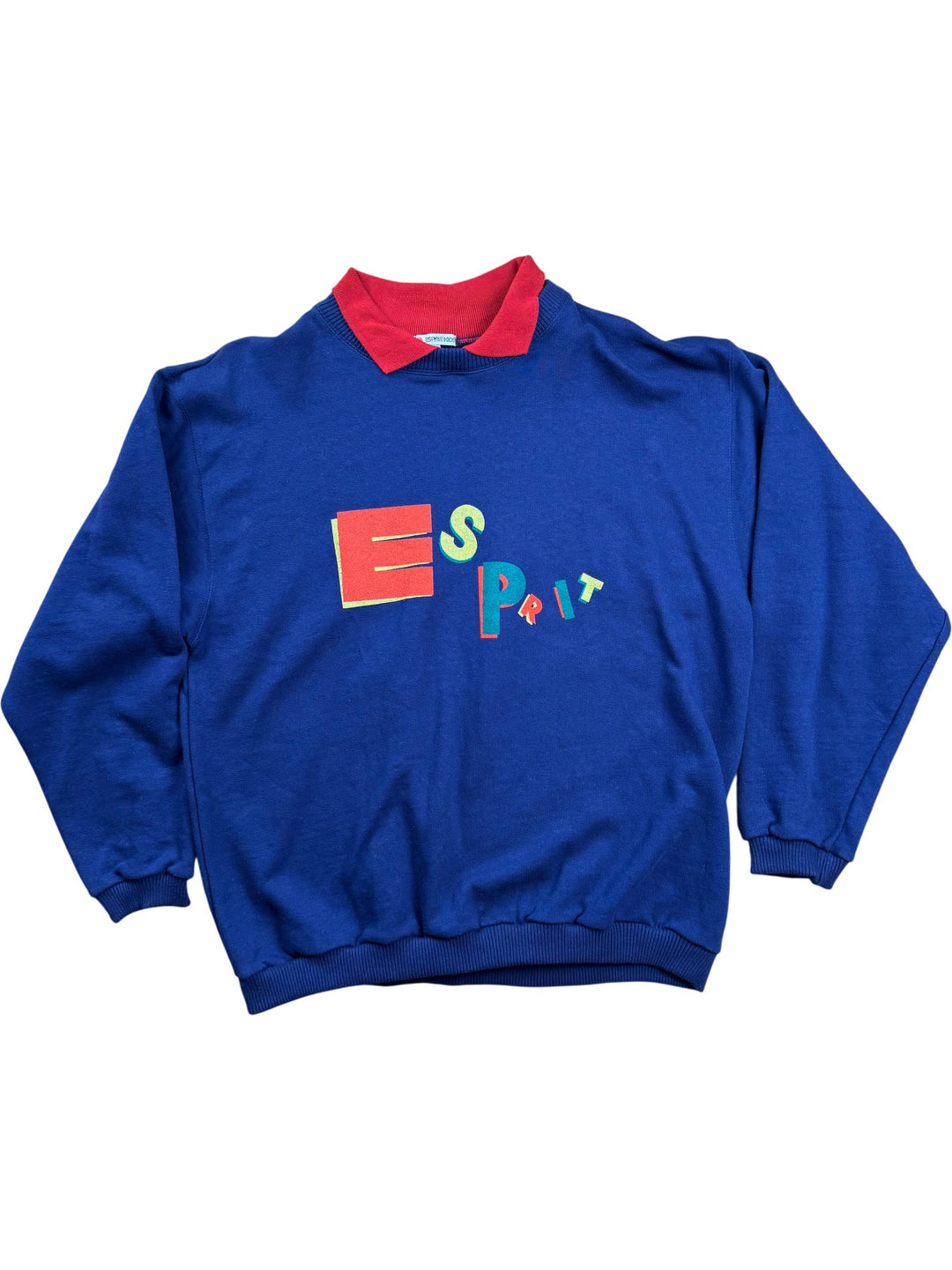 Esprit Blue Sweatshirt With Red Collar - L - Think Vintage ltd