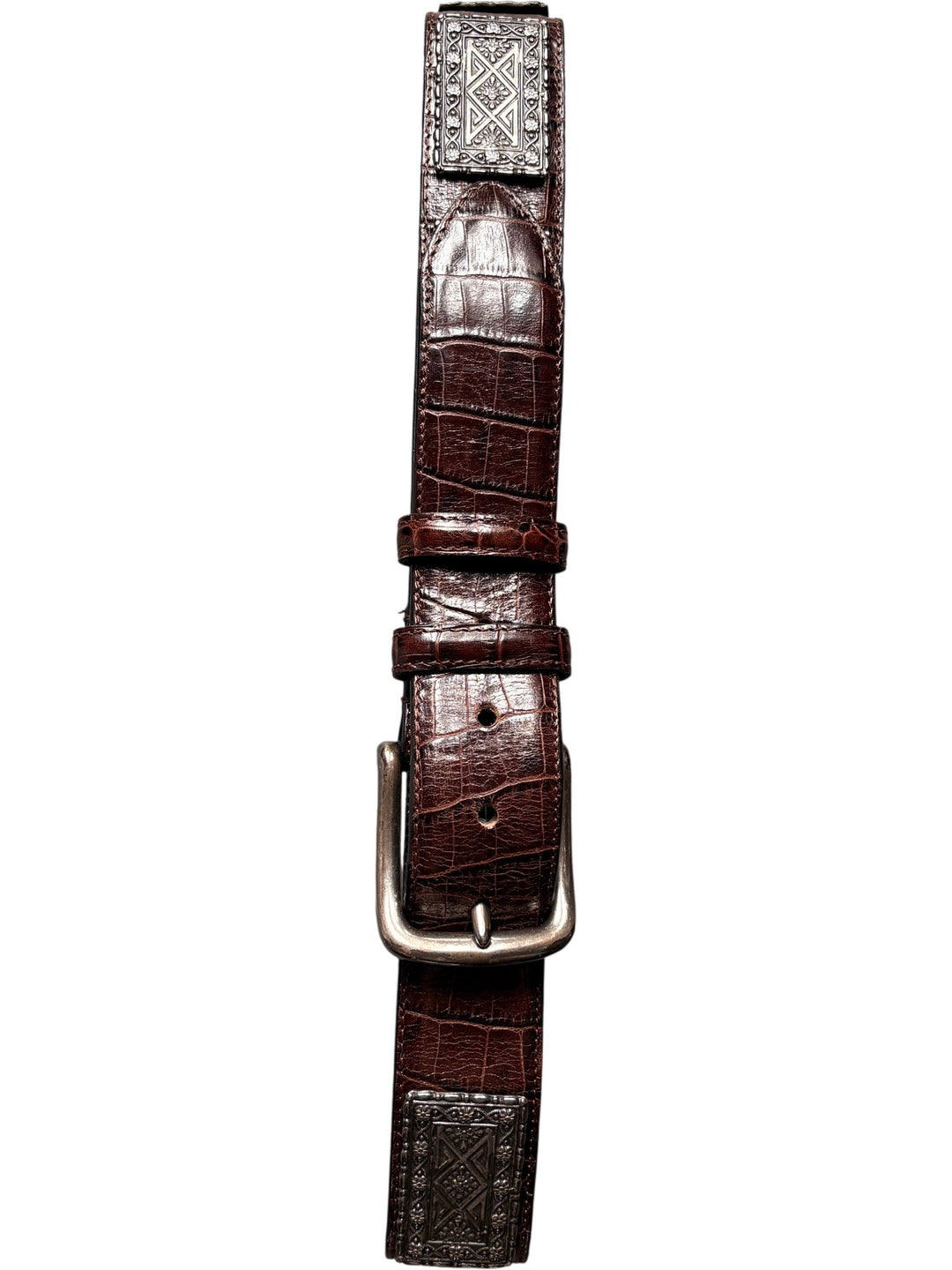 Etched Metal Brown Leather Belt - W32-36