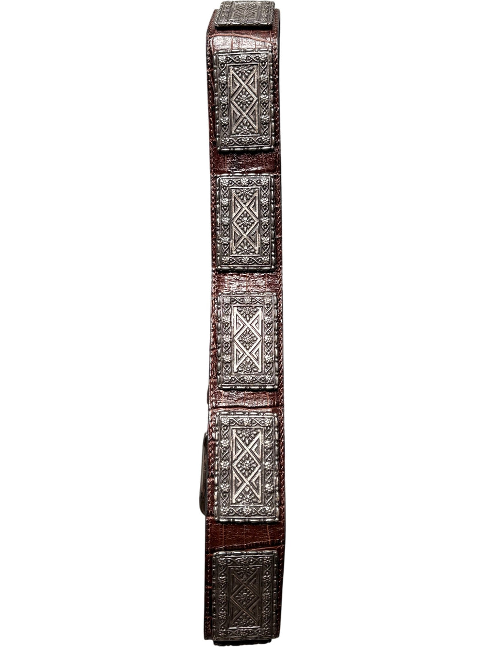 Etched Metal Brown Leather Belt - W32-36 - Think Vintage ltd
