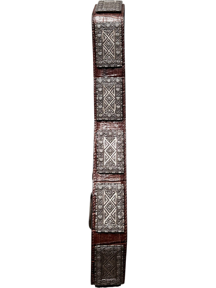 Etched Metal Brown Leather Belt - W32-36