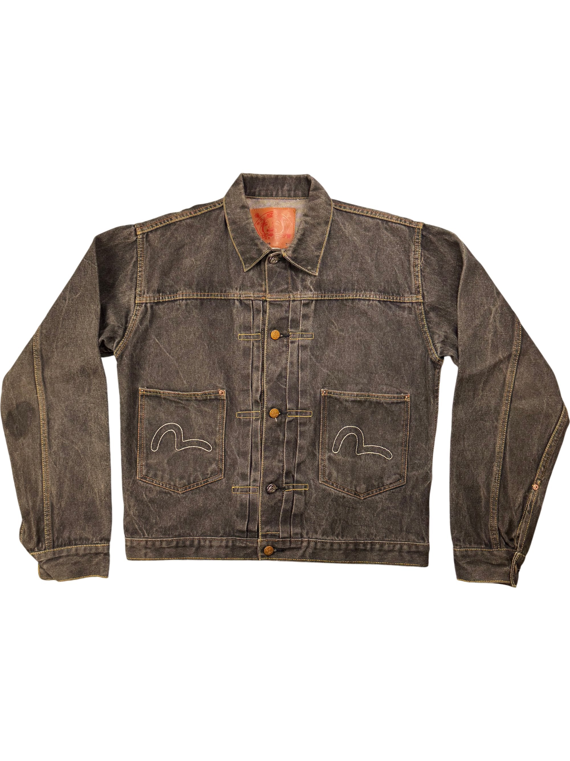 Evisu Embroidered Denim Jacket with Graphic Back Design - XXL - Think Vintage