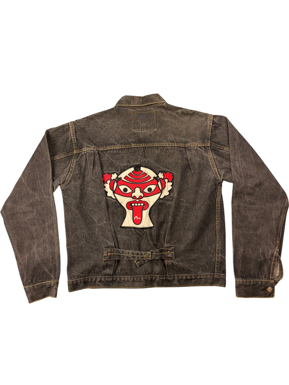 Evisu Embroidered Denim Jacket with Graphic Back Design - XXL - Think Vintage
