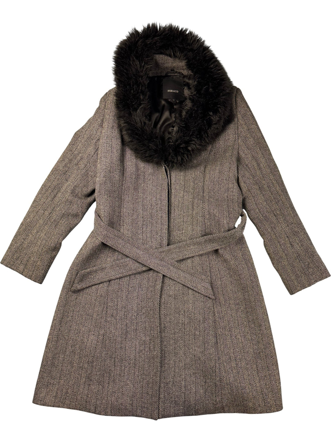 Feraud Long Wool Coat with Faux Fur Collar - M - Think Vintage ltd