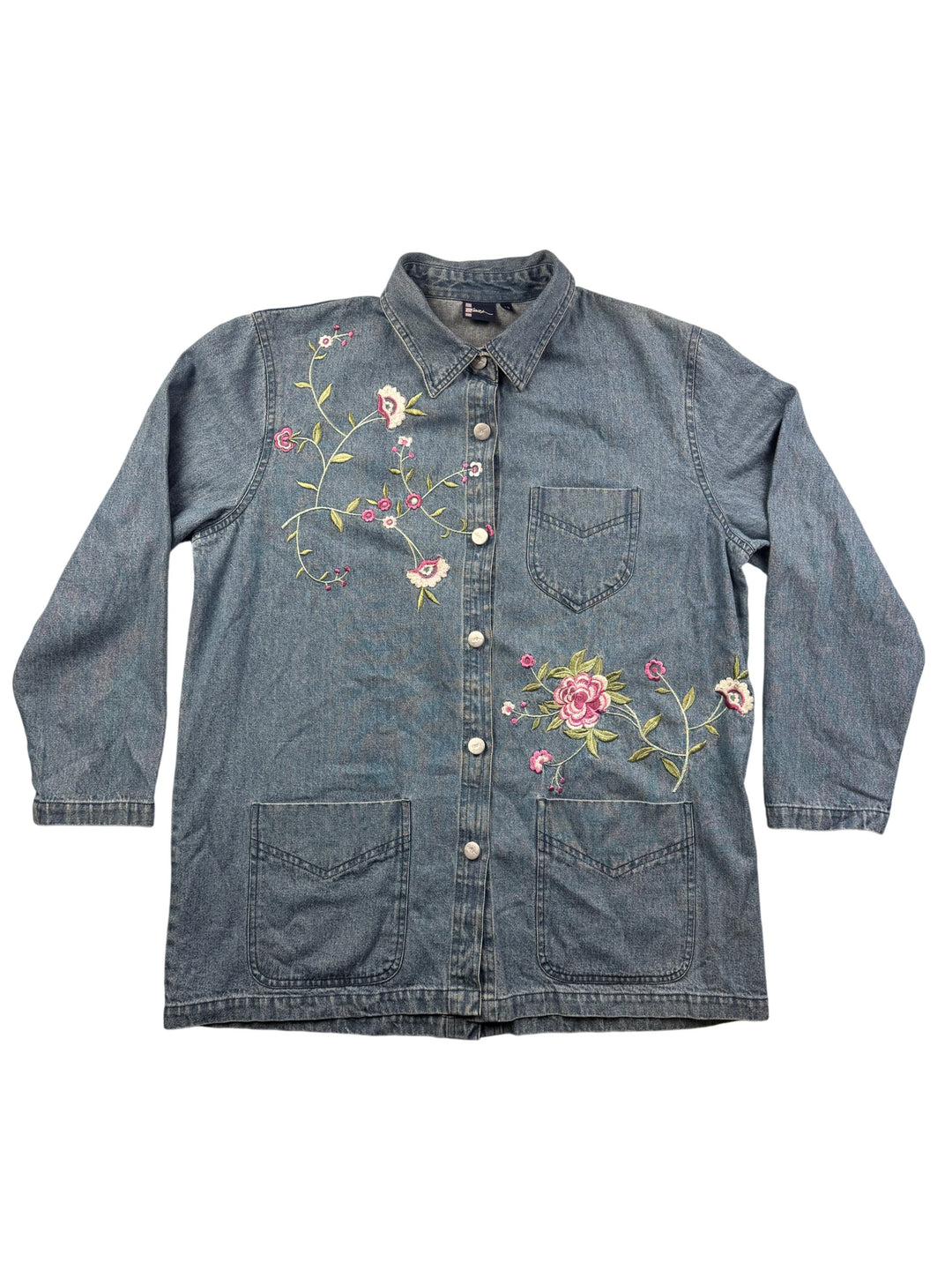 Floral Embroidered Denim Shirt - L - Think Vintage Online Ltd