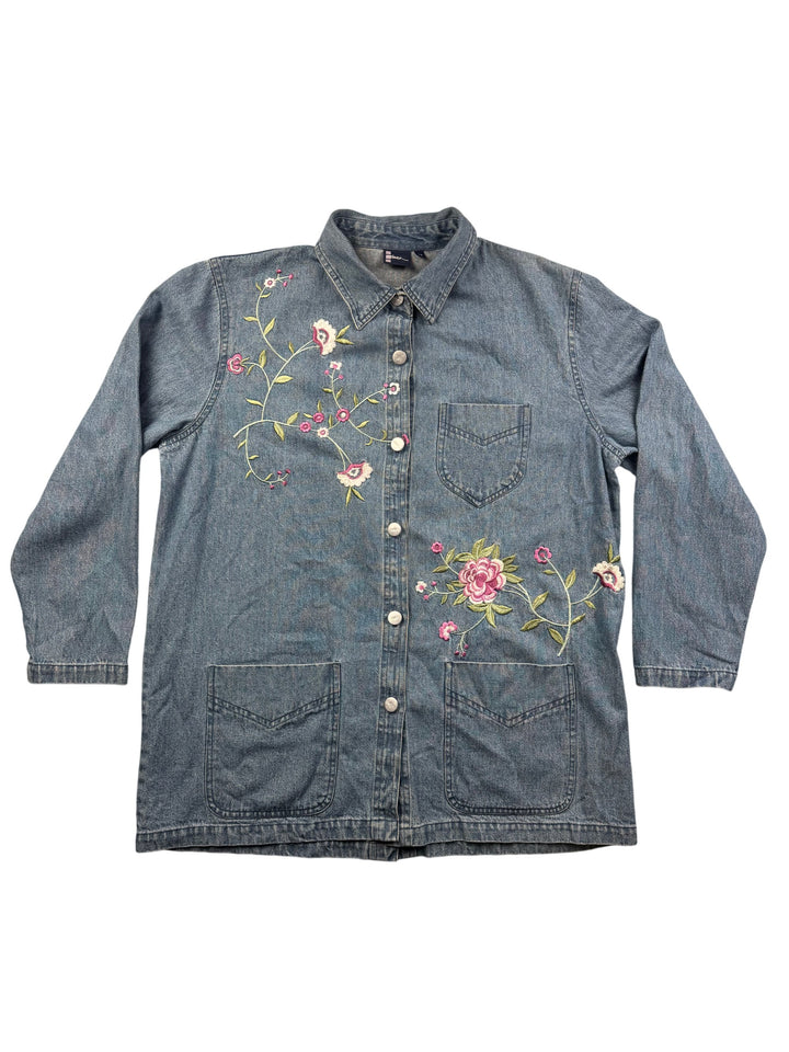 Floral Embroidered Denim Shirt - L - Think Vintage Online Ltd