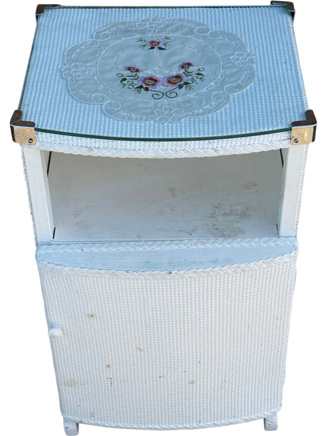 Floral Embroidered White Nightstand - Think Vintage